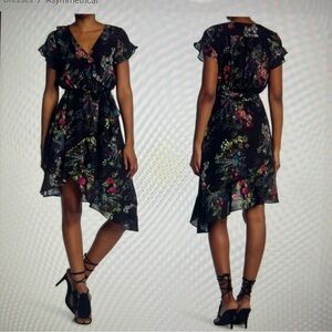 PARKER  Asymmetrical Ruffle  Floral Print Dress in Black Alexia Sz XS